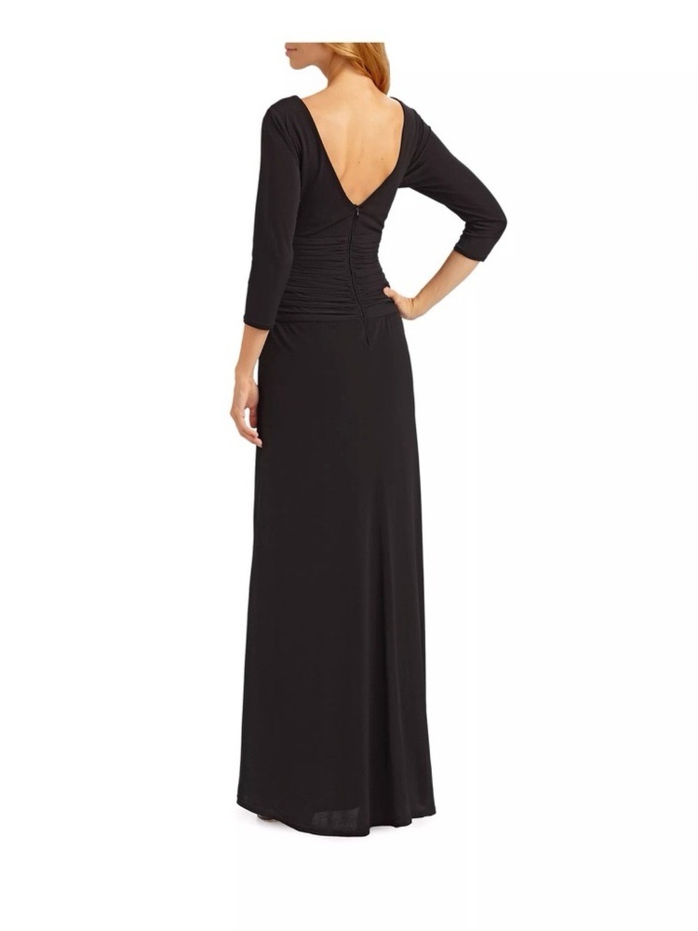 Tadashi Shoji Elegant Black 3/4 Sleeve V-Neck Evening Gown - Picture 2 of 8